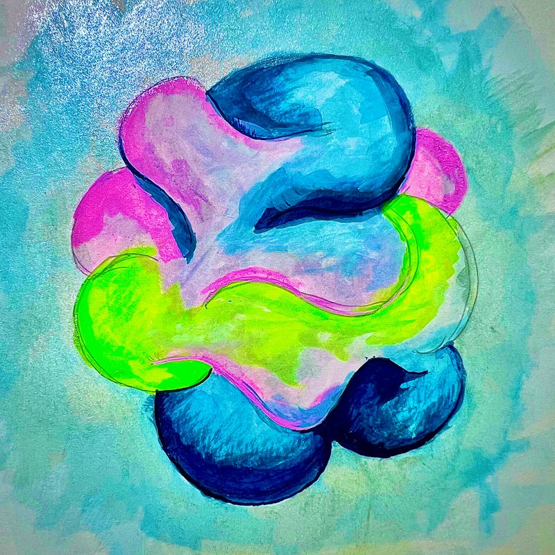 Sketched amorphous manifold of blue, pink, and green ink.