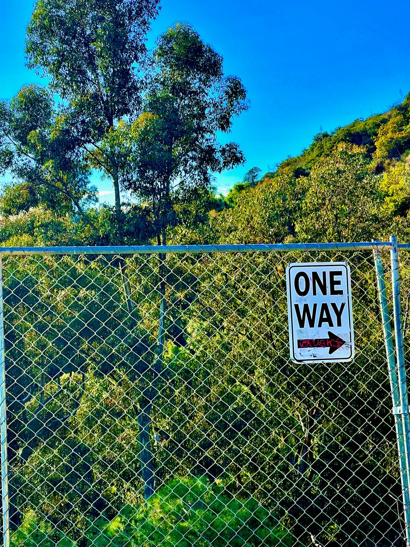 A fence for shepharding hikers with a 'ONE WAY' sign hanging by a thread.