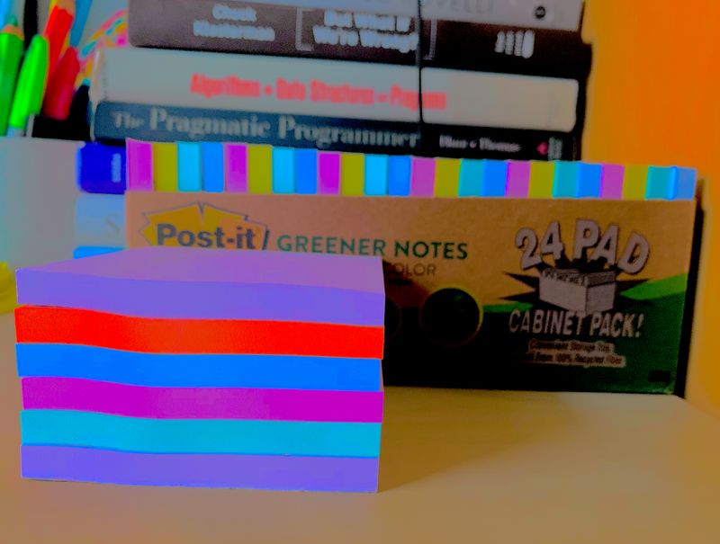 A closeup of Post-it® notes with more Post-it® notes in the background; not to brag but it's a fresh cabinet pack of Helsinki-themed Greener Notes.