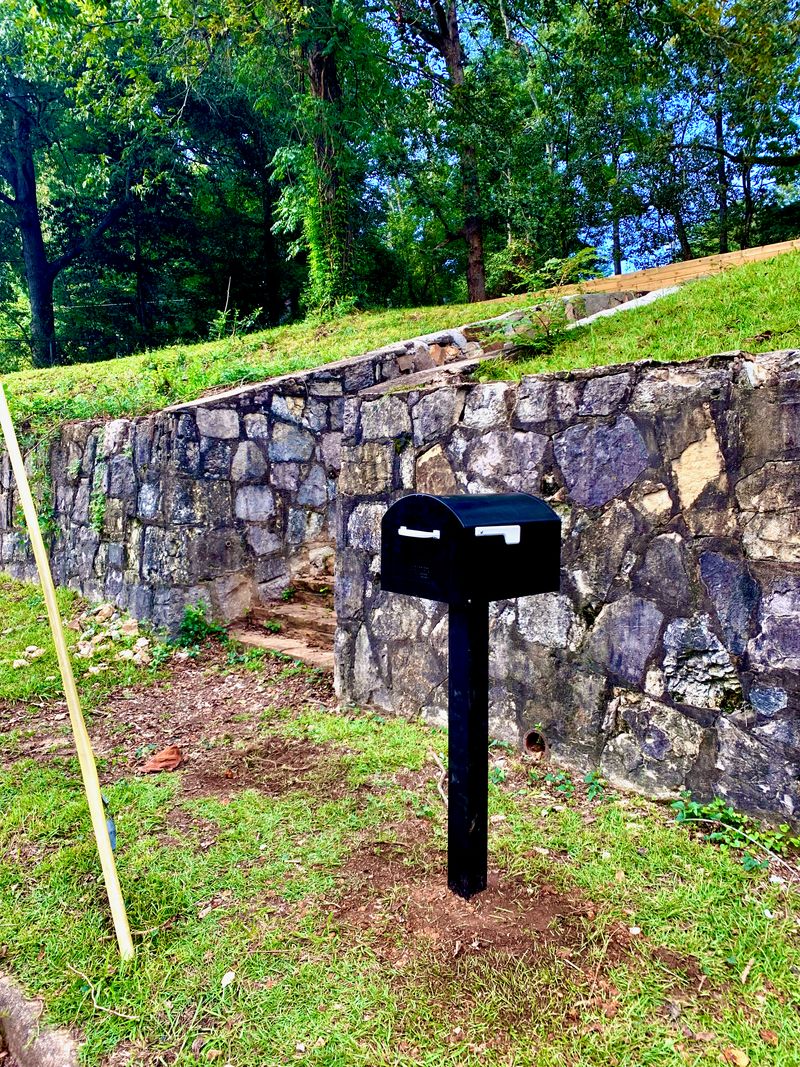 A singular unaddressed mailbox in front of a crumbling, overgrown stone wall.