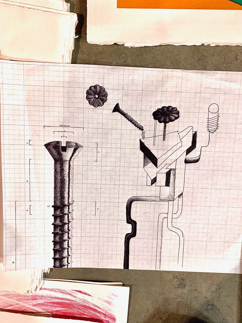 A black ballpoint pen drawing on white graph paper. A vaguely humanoid assemblage of shapes with screw-like rod arms, a stacked box torso, smooth pipe legs, and a plastic floret head. It's worshipping a biblically accurate screw of enormous proportion. In this world, even the most basic fasteners are much larger than people.