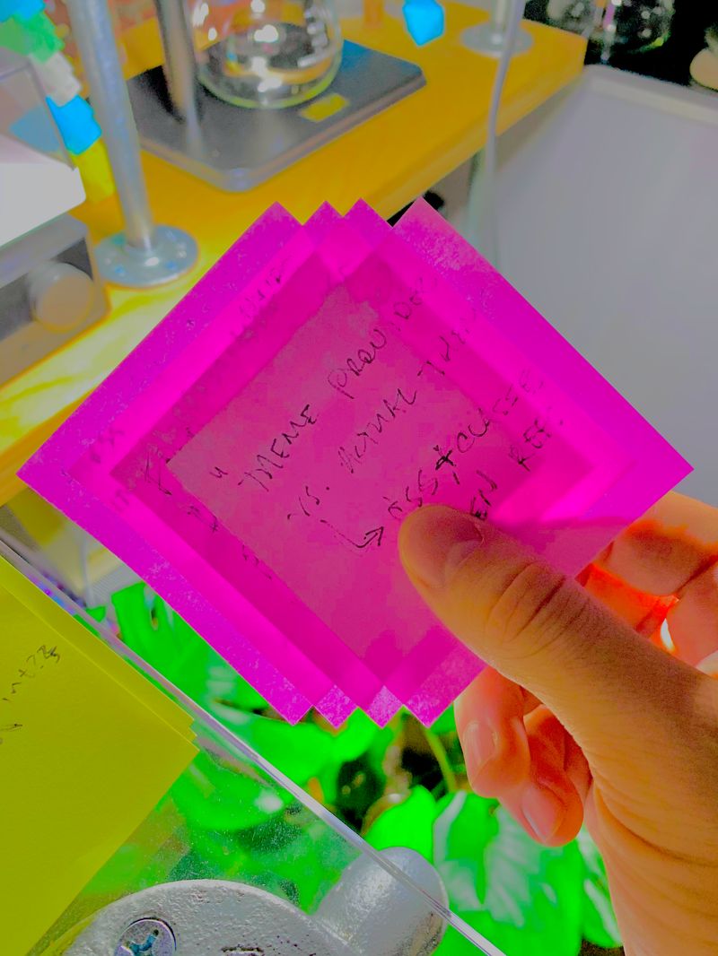 4 partially overlapping, heavily backlit bright pink Post-it® notes.